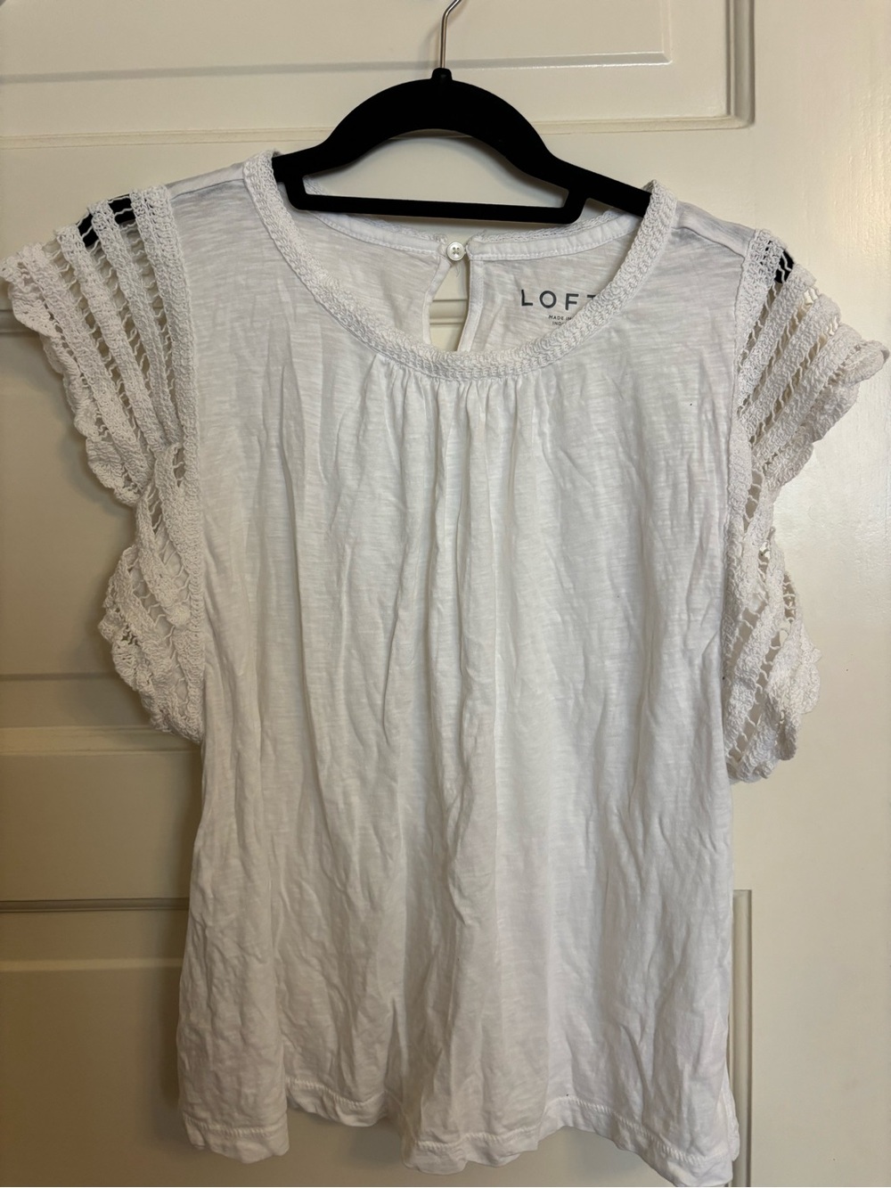 LOFT White Crochet Flutter Sleeve Blouse
